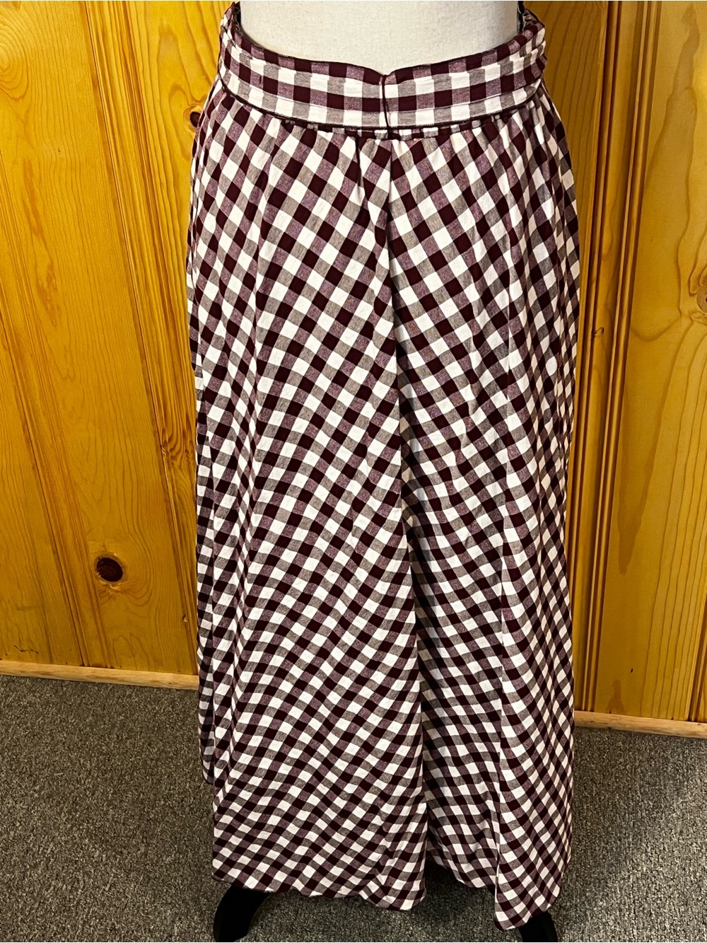 Forte_Forte Cotton Gingham Checked Tie-Waist Maxi Skirt in Maroon and Cream Sz-M - Picture 5 of 9